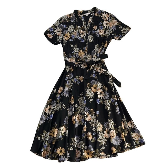 Nanette Lepore size 2 BLACK DREAM CLOUD belted pleated Floral Midi Dress - Picture 7 of 13